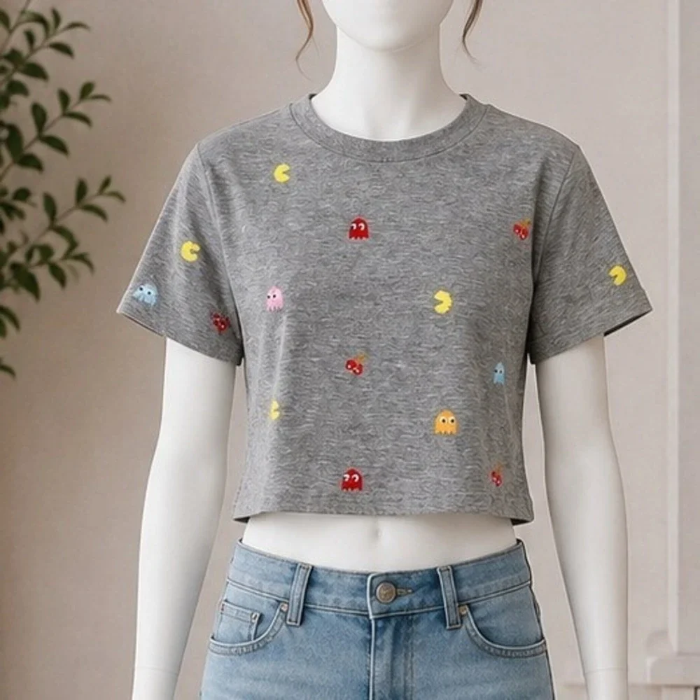 Justice Girls Pac-Man Cropped Graphic Tee Embroidered Gray S 7/8